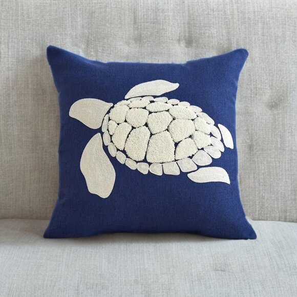 Decorative Throw Pillow Cover Nautical Sea Turtle Embroidered Case Beach Decor - Picture 1 of 11